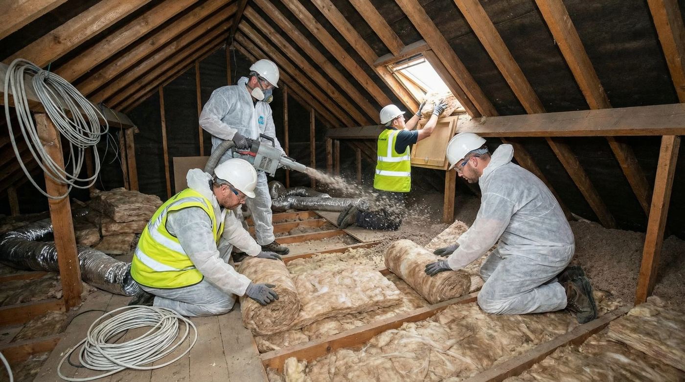 Insulation crew working together in a home attic